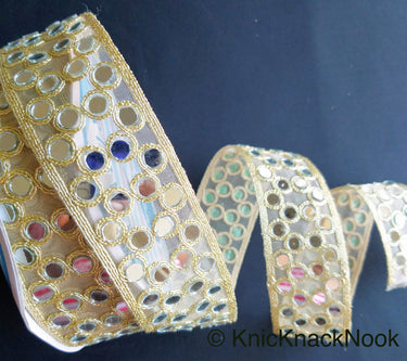 Gold Sheer Fabric Lace Trim With Gold Embroidery And Mirror Embellishments, Wedding Trims, Indian - 210119L16